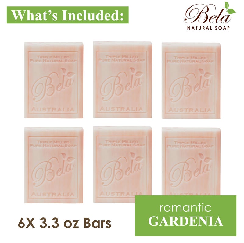 BELA Romantic Gardenia Soap 3.3 OZ Pack of 6, Long Lasting French Triple Milled Bar Soap with Organic Shea Butter Hand, Face and Body Wash Bar, Made in Australia - Image 2